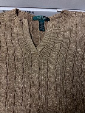 Lauren Ralph Lauren Metallic Tan Cable V-Neck Sweater